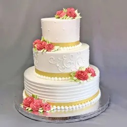 Roses with Pearls and Golden Lace Fondant Wedding Cake (5 Kg)